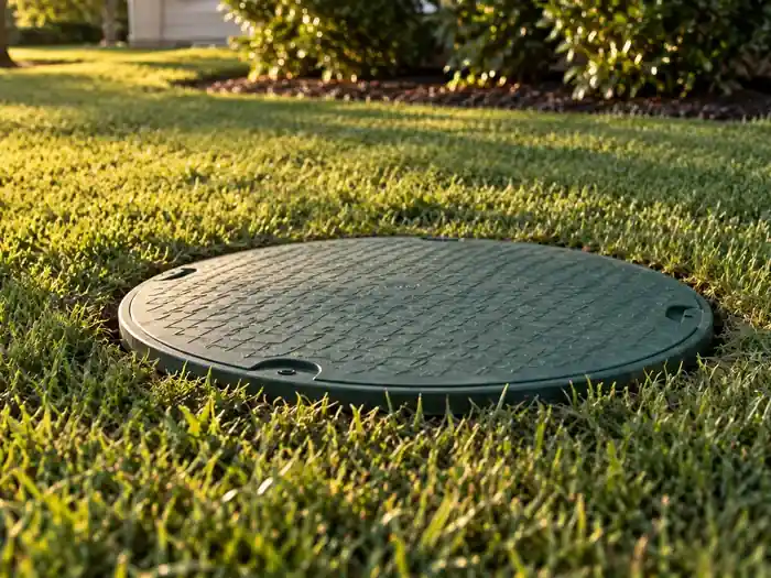 A close daylight detail of a green septic riser lid set flush in a mown lawn, no people
