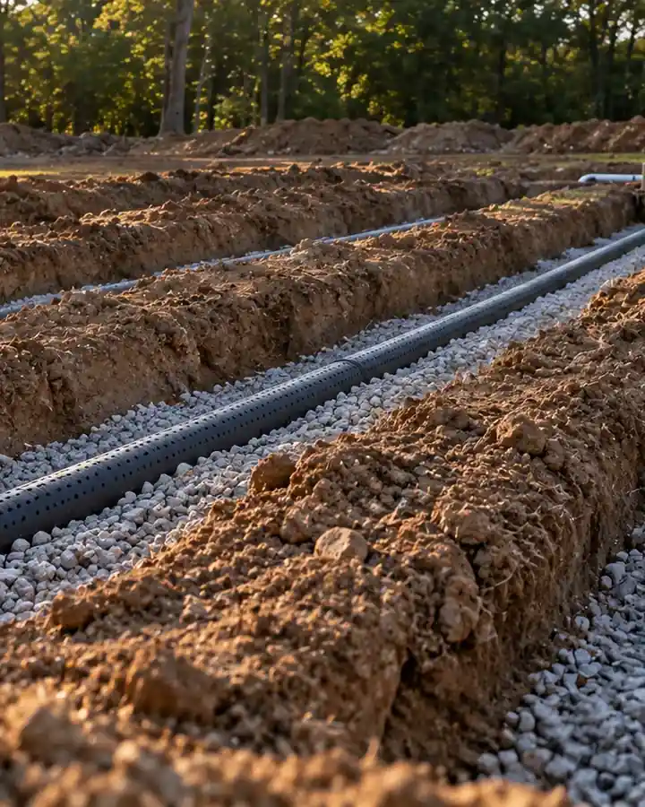 New drain field lines laid in gravel trenches