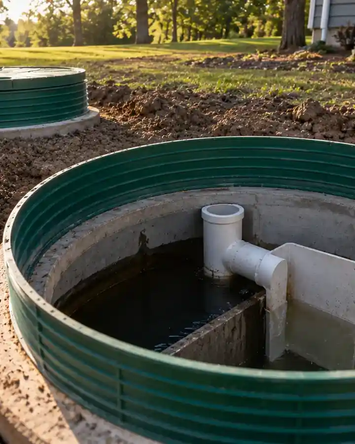 A septic tank with a new outlet baffle and risers to grade