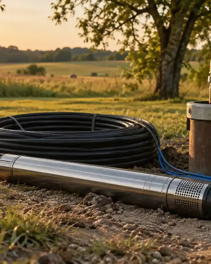 A new well pump and pitless adapter beside a well casing