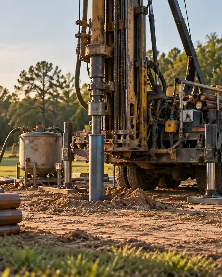 A well drilling rig set up over a new well casing