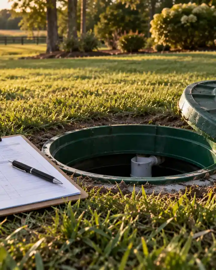 A septic inspection report on a clipboard beside an open lid