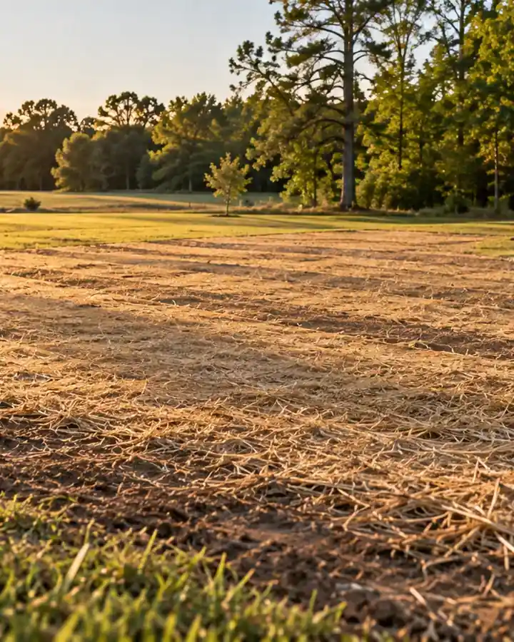 A yard with the trenches backfilled and seeded